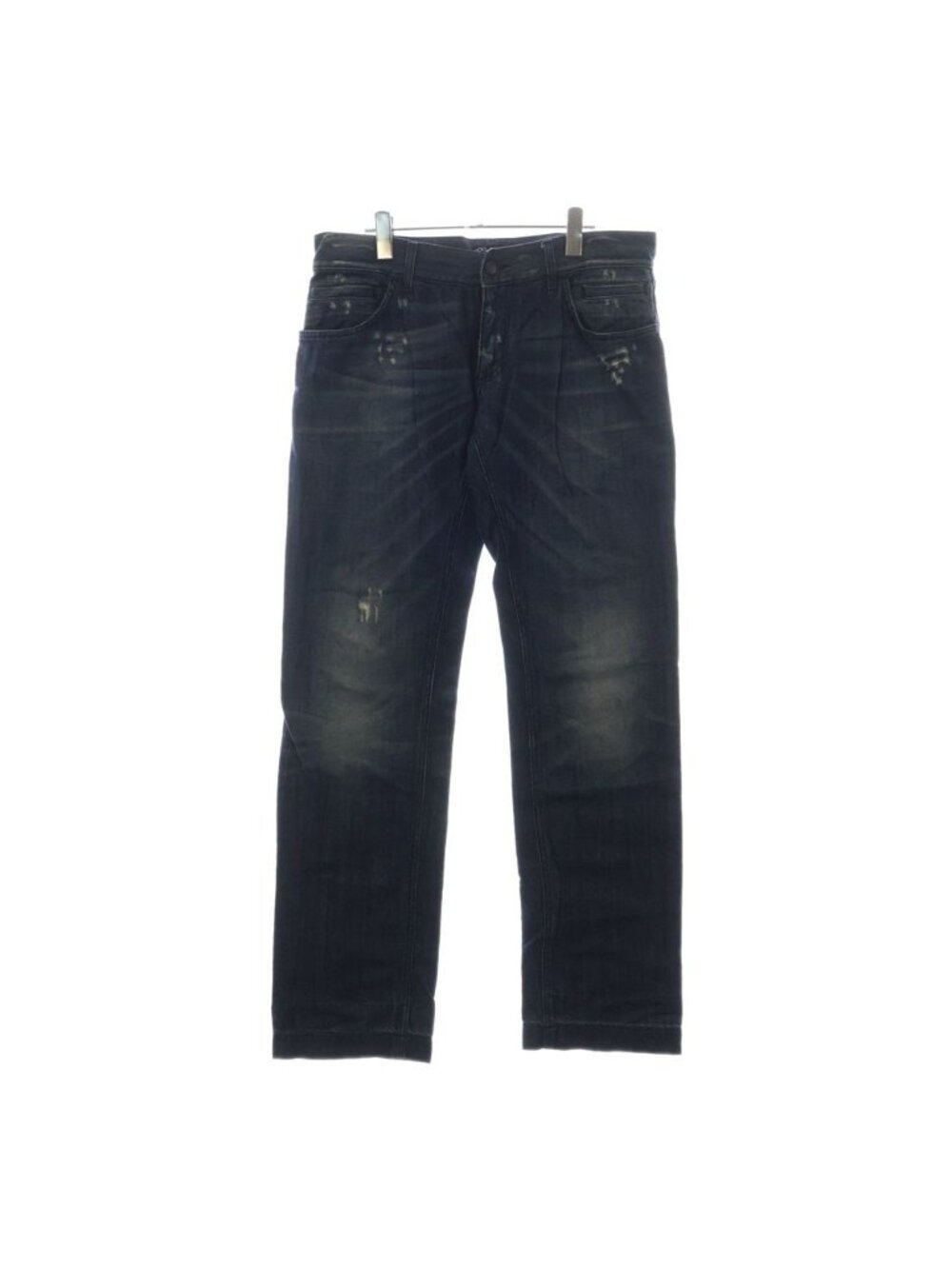 Dolce & Gabbana Distressed Logo Plate Zip Fly Denim Straight Pants Indigo